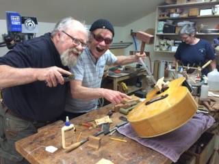 David, luthier, and Bill, customer, clowning around